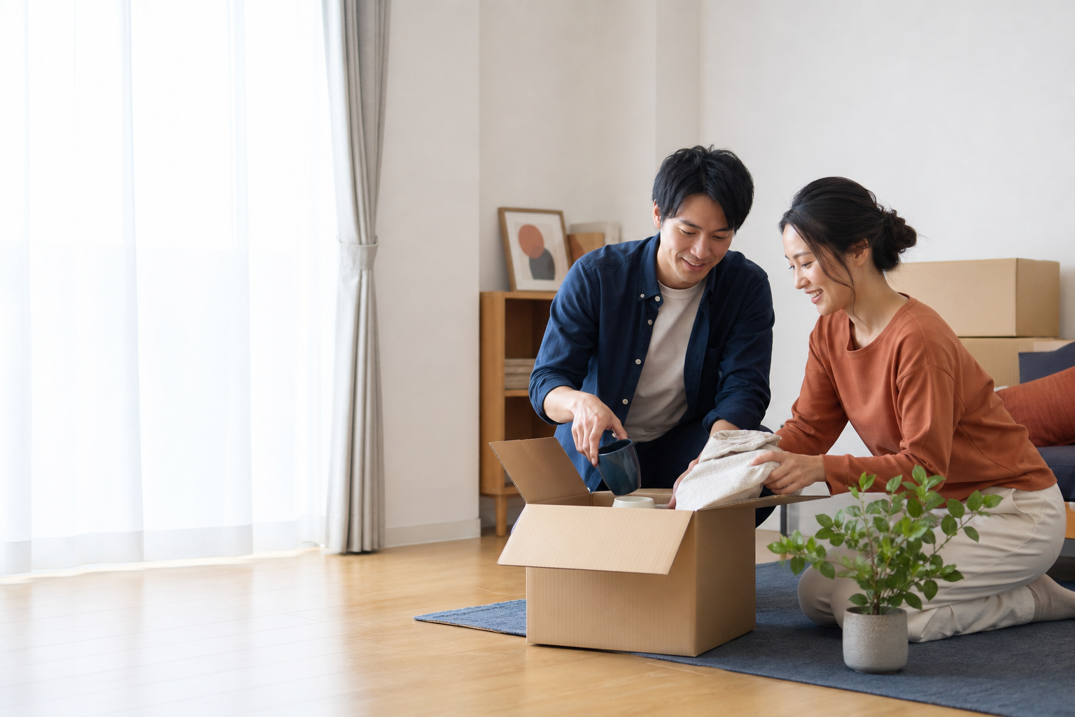 新居で荷ほどきをする夫婦